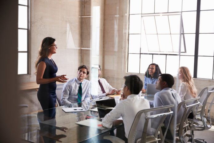 Businesswoman,Addressing,Colleagues,At,A,Meeting,,Side,View