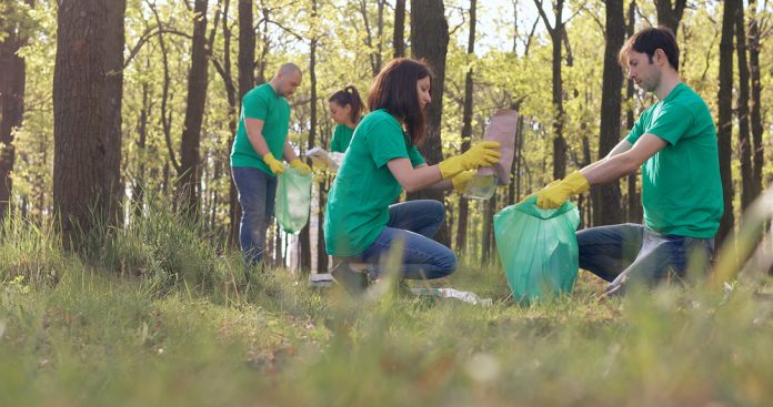 Volunteers,In,Green,T-shirts,Clean,Up,The,Plastic,Trash,In