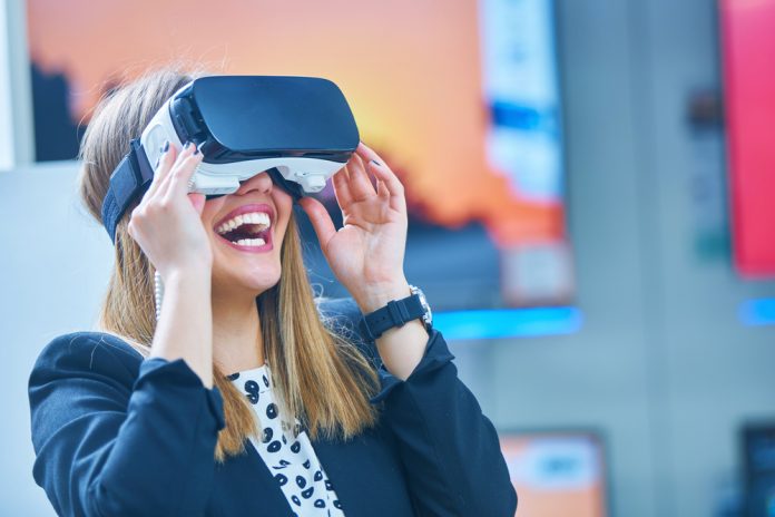 Young,Woman,Wearing,Virtual,Reality,Device