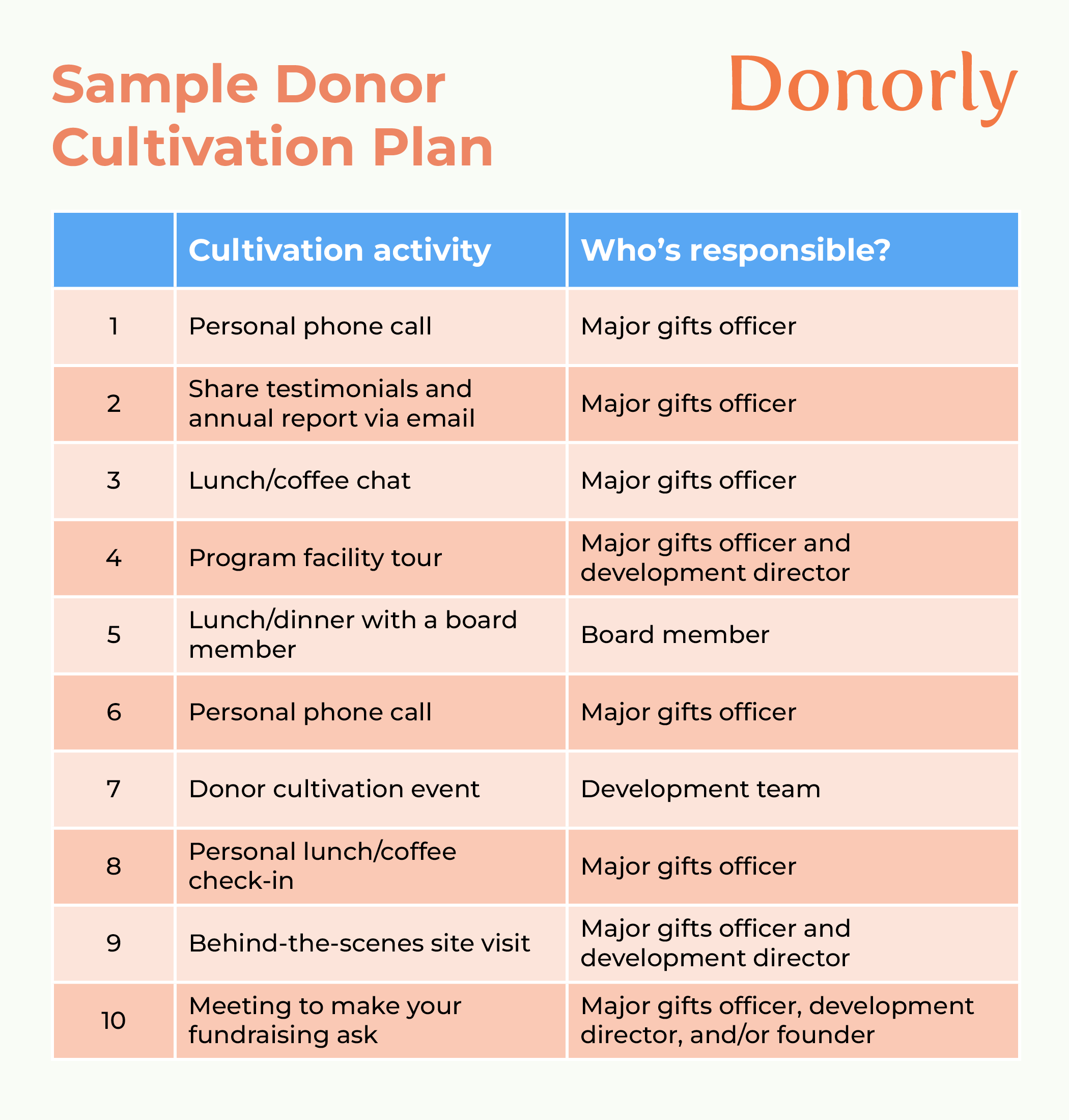 A sample donor cultivation plan that you might share with new board members during onboarding