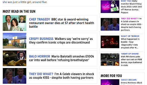 Banners that lead to related content on a news website displayed in-between page text.
