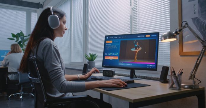 Adult,Woman,In,Headphones,Enters,Prompt,In,Artificial,Intelligence,Chatbot