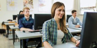 a woman taking a course online