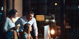 Business,People,,Team,And,Night,With,Computer,For,Deadline,,Project