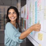 Smiling,Latina,Professional,Woman,Placing,Sticky,Notes,On,Large,Planning