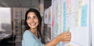 Smiling,Latina,Professional,Woman,Placing,Sticky,Notes,On,Large,Planning