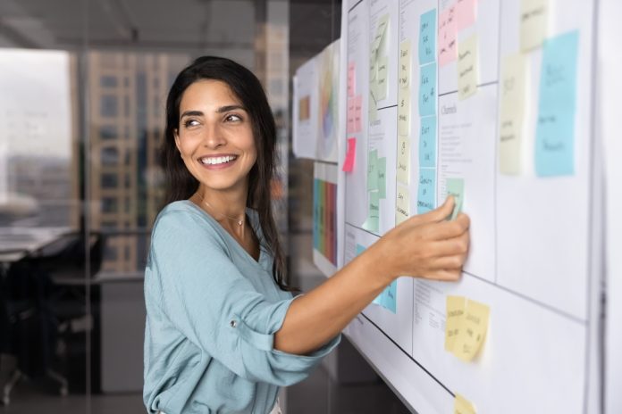 Smiling,Latina,Professional,Woman,Placing,Sticky,Notes,On,Large,Planning