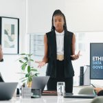 Computer,Screen,,Meeting,And,Presentation,With,Business,Woman,In,Office