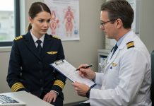 A,Female,Pilot,Sitting,In,A,Medical,Office,,Being,Consulted