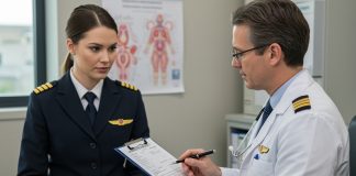 A,Female,Pilot,Sitting,In,A,Medical,Office,,Being,Consulted