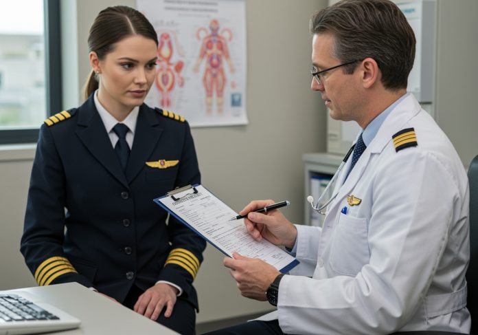 A,Female,Pilot,Sitting,In,A,Medical,Office,,Being,Consulted