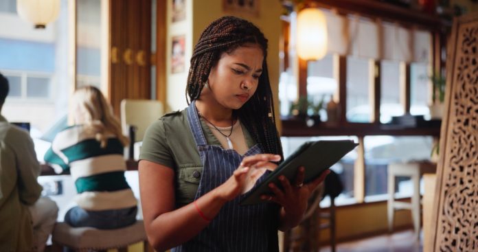 Woman,,Waitress,And,Click,With,Tablet,At,Coffee,Shop,For